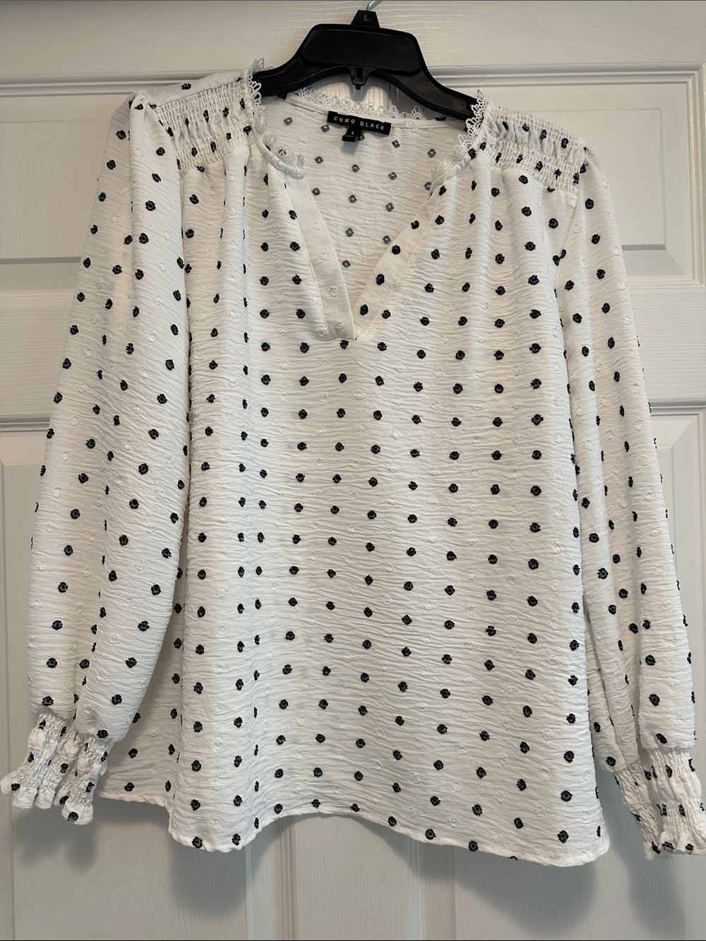 Como Black Lush & Black White Polka Dot Smocked-Neck Blouse